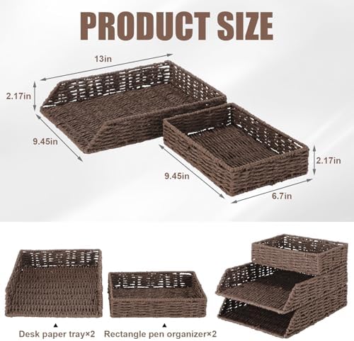Geelin 3 Pack Paper Rope Woven Stackable Letter Paper Tray, Brown - Image 2