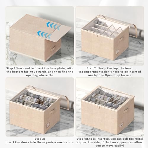 Shoe Organizer for Closet, 2 Pack Foldable Shoe Storage Box with Clear Cover and Adjustable Dividers, Stackable Storage Bins for Boots, Fits up to 32 Pairs (Beige, 19.7 × 15.7 × 12.6 in) - Image 4