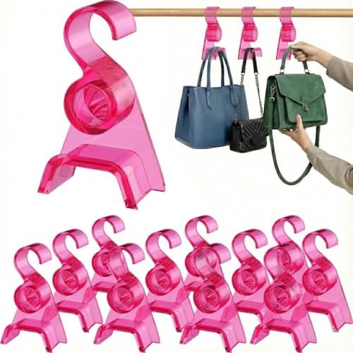 OnDisplay Premium Acrylic Purse Hanger Hook for Closet Rod – Wide Arch Handbag Organizer Protects Straps from Creasing – Heavy Duty Storage Hook for Hats, Belts, Backpacks & Scarves (Pink, 12) by OnDisplay