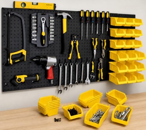 WALLPEG 36 Pack Pegboard Bin Kit – 18 Medium & 18 Large Yellow Peg Board Storage Bins | Parts Organizer for Garage, Workshop, Craft Room, Office & Workbench | Pegboard Accessory Organier | MADE IN USA - Image 5