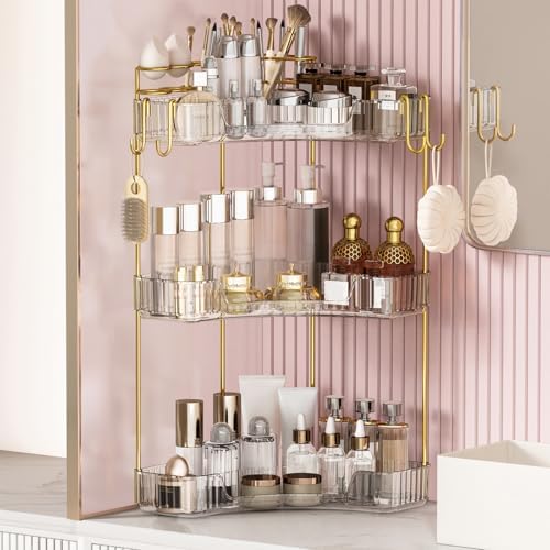 3-Tier Corner Bathroom Counter Organizer，Makeup & Skincare Shelf with Built-in Brush Holder，Space-Saving Bathroom Countertop Organizer for Skincare, Perfume, Cosmetics(Clear) by GREENBY