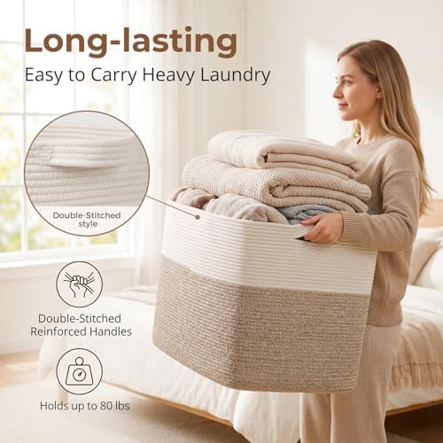OIASKET 108L Cotton Rope Storage Basket for Living Room and Bedroom 25"x16"x16" Woven Laundry Basket, Heavy Duty Bin for Blankets, Pillows & Toys, Pet-Safe & Scratch-Free, Brown and White - Image 2