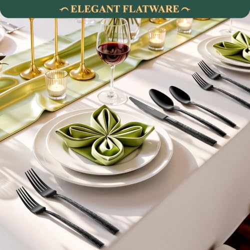 49 Pieces Black Silverware Set with Bamboo Organizer,Tree Pattern black - Image 6