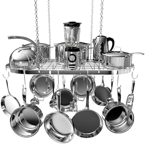 Vdomus Hanging Pot Rack - Ceiling Mount Kitchen Organizer for Pots and Pans with 15 Hooks - 33 x 17 Inches Heavy-Duty, Durable and Space-Saving Pan Holder - Silver by Vdomus