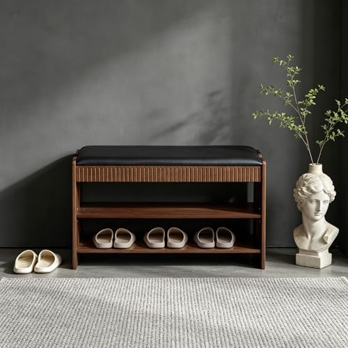 Shoe Bench with Cushion, Solid Wood 2 Tier Adjustable Storage Shoe Bench Rack for Entryway, Bedroom, Closet, Living Room, Hallway by Unknown