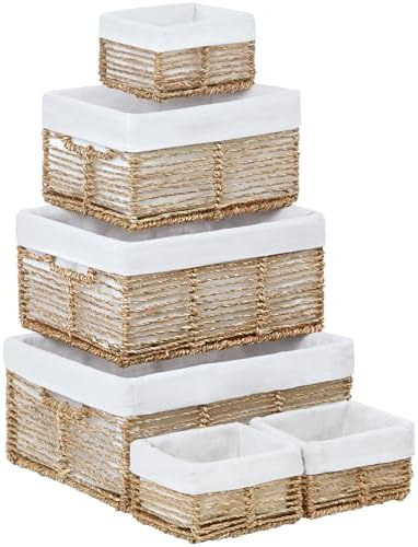 Vagusicc Wicker Storage Basket, 6 Pack Seagrass Baskets for Organizing, Wicker Baskets with Handle, Rectangular Woven Basket for Storage Shelves, Cube Storage Bins for Closet/Clothes/Dresser by Vagusicc