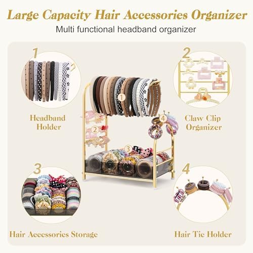 Keebofly Acrylic Hair Accessories Organizer, Versatile Headband Holder Stand for Scrunchies, Bows, Claw Clips, Hair Tie, Compact Hair Organizer Storage for Girls, Women, Babies, Amber & Gold-Plated - Image 4