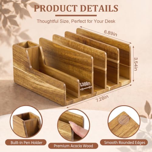 Novabright Acacia Wood Desk Organizer with Pen Holder, 6 Slot Mail Sorter - Image 2