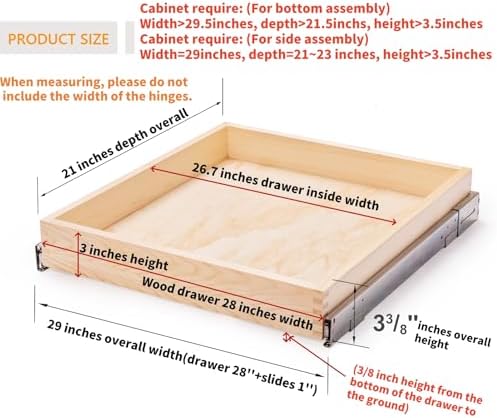 Mulush 29”W x 21”D x 3”H Soft Close Slide Out Wood Drawer Organizer for Kitchen, (Cabinet Opening>29.5 inches for Bottom Assembly, Width= 29 inches for Side Assembly) - Image 3