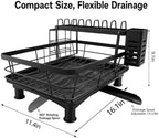 Kitchen Dish Drying Rack, Compact 2-Tier Stainless Steel Dish Drainer for Countertop with Quick-Drain Tray, Elevated Base, Utensil Holder and Adjustable Drain Spout, Black - Image 2