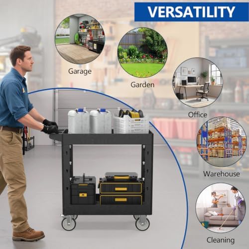 Large Garage Plastic Utility Cart, Heavy Duty 2 Shelf Tool Cart Service Cart Rolling Push Carts with Ergonomic Handle 5" Swivel Casters. - Image 7