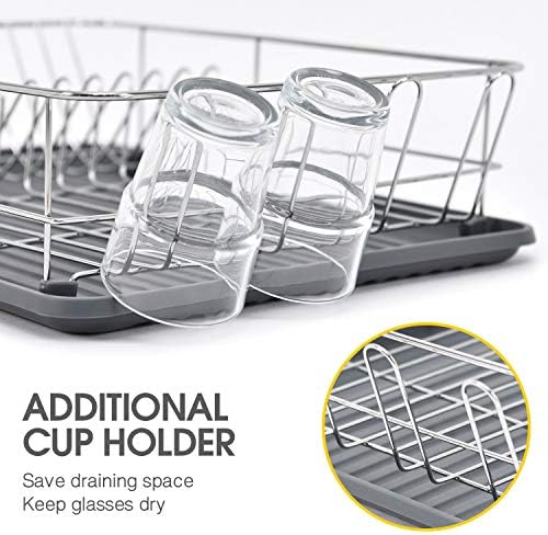 TOOLF Dish Rack, Large Capacity, Dish Drying Rack with Cutlery Holder, Removable Drip Tray, Cup Holder, Compact Kitchen Drainers for Countertop, Grey - Image 3