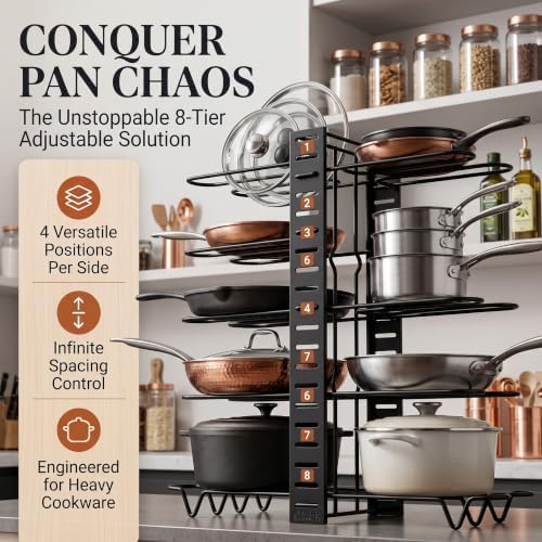 Pots and Pans Organizer Under Cabinet, Dual-Sided Rack, 8 Adjustable Tiers - Image 4