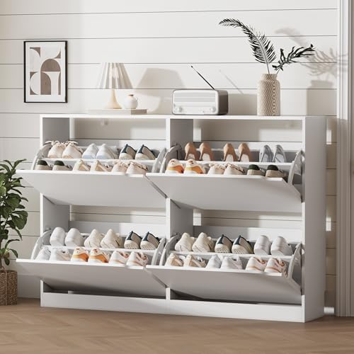 Xixini Shoe Storage Cabinet for Entryway with 4 Flip Drawers, Sturdy Wood Hidden Shoe Storage, Freestanding Narrow Slim Shoe Organizer for Front Door Entrance, Living Room, Hallway, Bedroom, White by Xixini