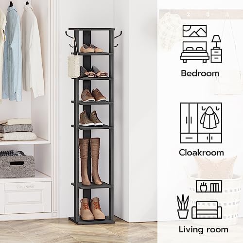 HOOBRO 8 Tiers Vertical Shoe Rack, Wooden Shoe Storage Organizer with Hooks, Narrow Shoe Tower for 8 Pairs, Space Saving, for Entryway, Living Room, Bedroom, Black BK07XJ01 - Image 4