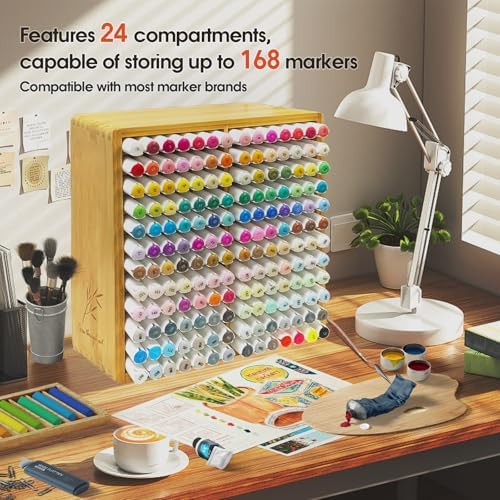 Marker Organizer for 168 Markers,Bamboo Wooden Desk Storage Organizer Rack,Markers Pens Pencils Art Brushes Storage Holder for Home Classroom Office Decor. - Image 2