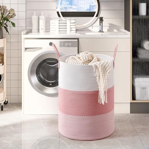CLHMILY&Z 100L Laundry Basket Round Storage Rope Basket - 18.1x24 Inches - Pink Hamper in Bedreoom and Cute Storage Bin for Blankets, Toys, and Nursery Essentials - Image 2