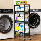 Slim Storage Cart with Wheels, 4 Tier Metal Rolling Organizer with Wood Top and Handle, Narrow Utility Shelf for Kitchen Bathroom Laundry Room, Black by Unknown