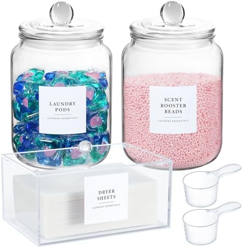 Glass Jars and Dryer Sheet Holder, Dispenser Set with Lids and Labels, Containers for Laundry Room Organization and Storage, Half Gallon Airtight Glass jars, Acrylic Storage Box for Laundry supplies, by MakeLifeBetterEasier