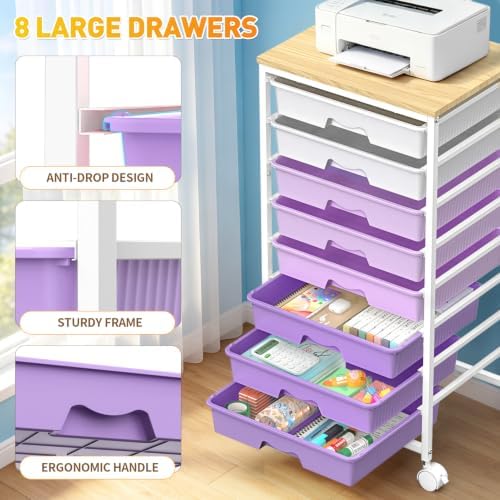SUNALLY Rolling Cart with 8 Drawers, Craft Art Storage Drawer Cart, Purple - Image 5