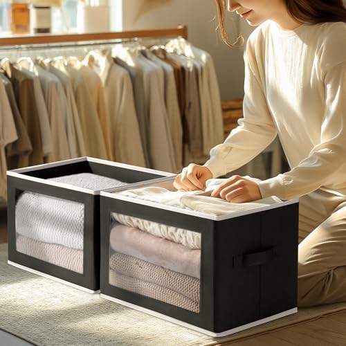 Homsorout Large Storage Baskets Bins with Lids - Stackable Cube Bins for Closet, 3 Pack Black Windows Organizer Bins, Home Organizers and Storage for Clothes, CD, Towels - Image 3