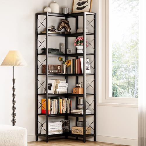 IRONCK Corner Bookshelf,7-Tier Industrial Corner Shelf, Black - Image 7