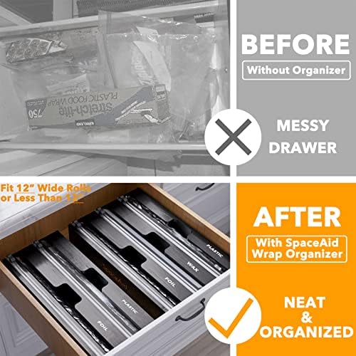 SpaceAid WrapNeat 2 in 1 Wrap Organizer with Cutter and Labels, Plastic Wrap, Aluminum Foil and Wax Bamboo Dispenser for Kitchen Storage Organization Holder for 12" Roll (Black) - Image 2