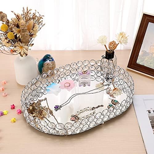 Hipiwe Crystal Vanity Tray, Mirrored Dresser Perfume Trays for Makeup Tray Cosmetic Skin Care Storage, Jewelry Trinket Organizer Tray for Bathroom Countertop Home Decor, Large - Image 4