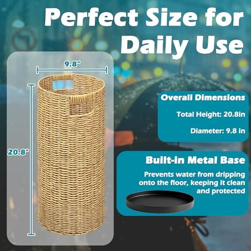 Rattan Umbrella Holder 21" H X 10" D, Handmade Wicker Umbrella Stand Indoor with Dip Tray, Sturdy Umbrella Holders for Entryway, Umbrella Bucket Fits Mudroom,Walking Canes,Home,Office (Oak) - Image 3