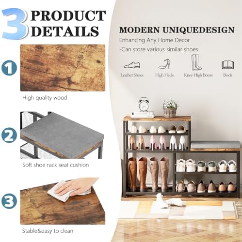 Shoe Rack,Freestanding Hidden Shoe Storage Organizer for Entryway, Shoe Bench Shelves for High Boot with Seat Cushion,Wood Shoe Rack Cabinet for Front Door Entrance Closet, Hallway, 5 Tier,Brown - Image 4