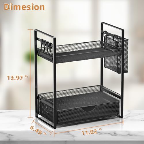 VITVITI 2 Tier Bathroom Organizer Countertop with Drawer, Metal Mesh Bathroom Counter Vanity Organizer Storage, Bath Room Sink Kitchen Spice Rack with Basket Hooks, Black - Image 2