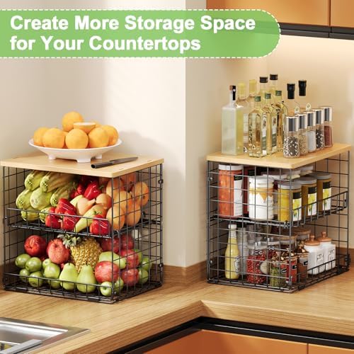 4 Pack Stackable Wire Baskets for Pantry Organizers and Storage, Pantry Baskets with Fixed Wooden Top, Fruit and Vegetable Storage Bins for Organizing Onion Potato Snack for Kitchen Cabinet/Countertop - Image 2