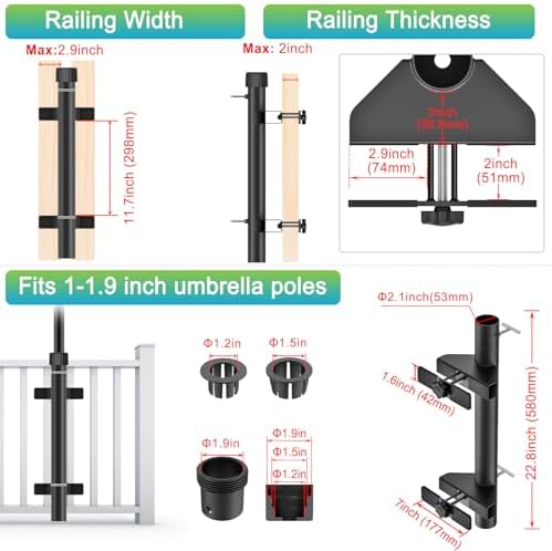 Dolibest Heavy-Duty Railing Umbrella Mount, Fits 1“-1.9” Poles, All-Welded Steel Mount Umbrella Holder with Sleeves, Space-Saving Deck Umbrella Holder, Outdoor Shade Holder for Porch & Patio, Black - Image 2