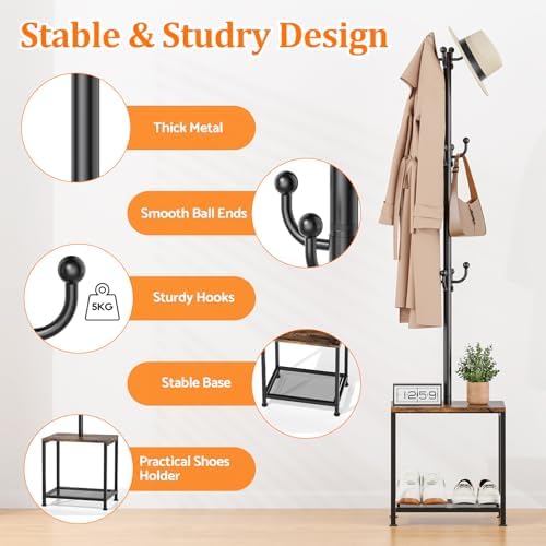 Coat Rack Freestanding, Hat Rack Hall Tree with Bench and Shoe Storage, 3-in-1 Coat Hanger Purse Rack Bag Rack Coat Tree Clothes Tree, Vintage Entryway Corner Coat Rack with Shoe Storage - Image 3