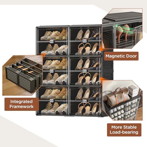 Vipbox Black Shoe Rack Organizer Cabinet for Closet Entryway,Clear Shoe Storage Boxes Stackable Sneaker Storage with Door Easy Assembly Shoe Cabinet with Lids Large 6 Tiers 24 Pairs - Image 5
