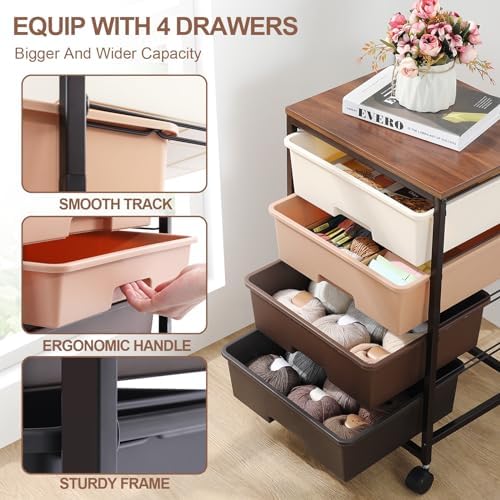 SYKIARIOL Rolling Cart with Drawers, 4-Drawer Utility Cart, Brown - Image 4