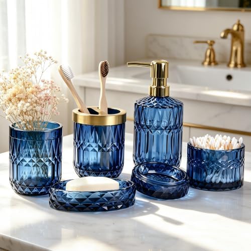 Bathroom Accessories Set, 5Pcs Glass Bathroom Accessories, Soap Dispenser, Soap Dish, Toothbrush Holder Set, Tumbler, Qtips Holder for Vintage Crystal Bath Decor (Navy Blue) by QIQU