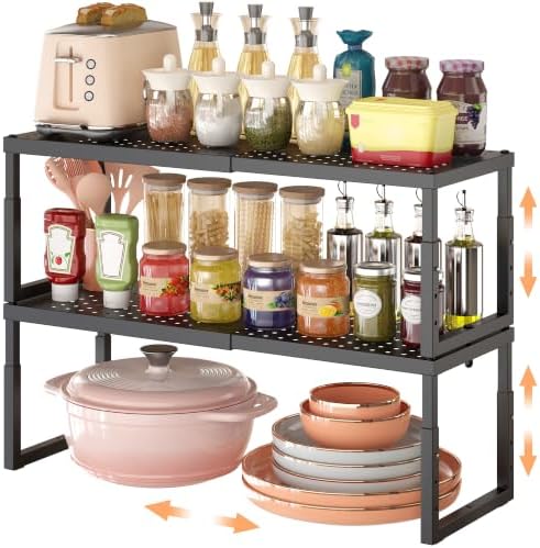 RUILALIFE Expandable-Stackable-Shelf-Organizer-For-Cabinet Pantry Closet,Kitchen Counter Shelf With Adjustable Height, Metal Storage Shelf Riser Spice Rack For Cupboard Countertop by RUILALIFE