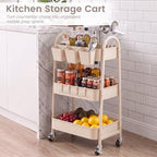 danpinera 3-Tier Rolling Cart, Utility Cart Mobile Metal Rolling Storage Cart with Lockable Wheels & Hanging Cups & Hooks for Kitchen, Bathroom, Office, Workshop, Beige - Image 5