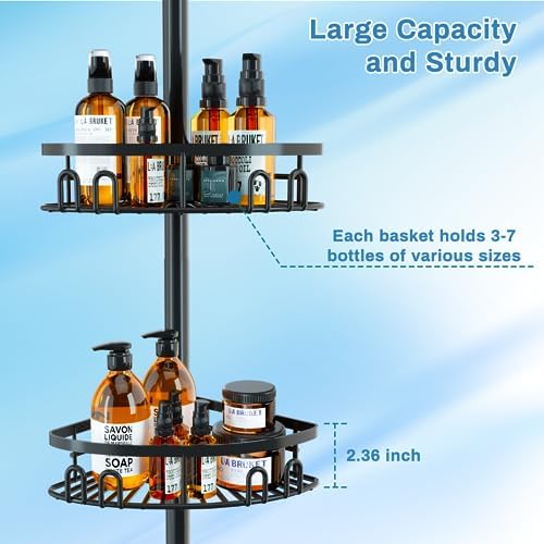 cutefafa Rustproof Corner Shower Caddy Freestanding Tension Pole, 4 Large Baskets for Bathtub Shampoo Storage Organizer Bathroom Height Adjustable Shelves from 23.6 to 114.5 Inch with Towel Bar - Image 4