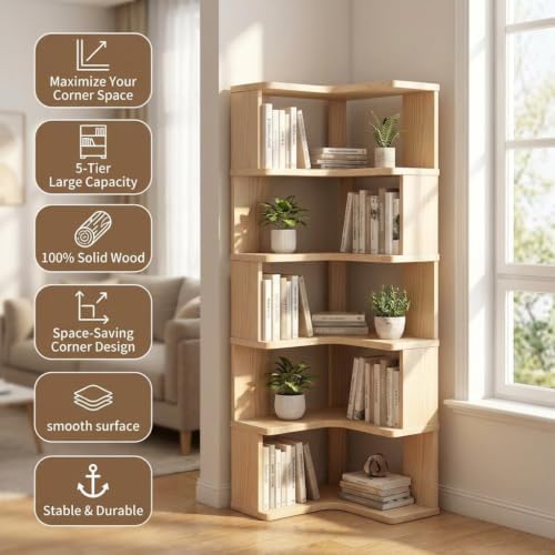 5-Tier Corner Bookshelf with Storage, Solid Wood L-Shaped Corner Shelf - Image 5