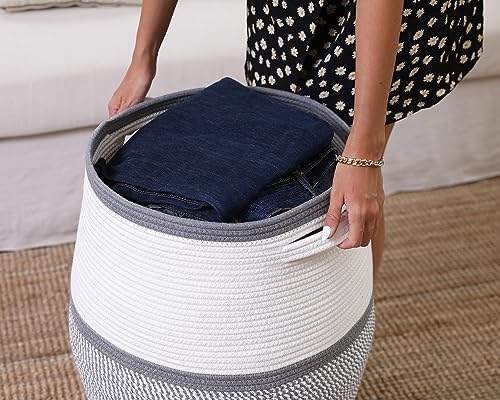 26"x20" Extra Large Tall Woven Laundry Basket with Lid, Cotton Rope Blanket Storage Basket, Freestanding Decorative Bin for Bedroom Living Room, Grey & Dark Grey - Image 5