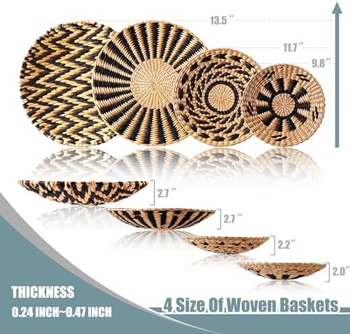 Woven Wall Basket Decor with Included Wall Hooks - Set of 4 Rattan Hanging Natural Seegrass Handmade Round Large Boho Wall Baskets Perfect Rustic Home Decoration for Kitchen Bedroom Living Room - Image 6
