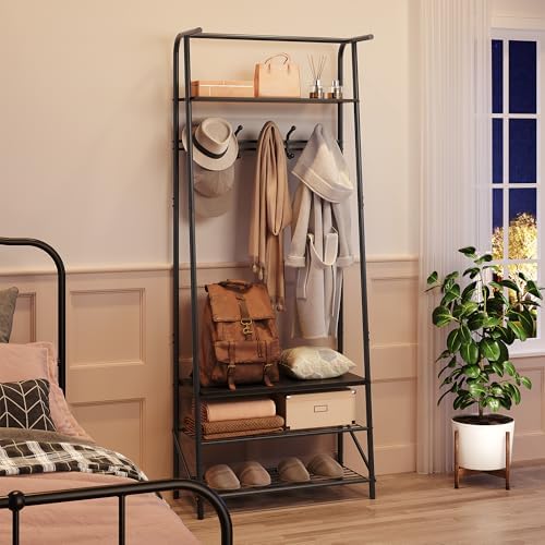 25" Hall Tree, Coat Rack with Shoe Rack, 4-Tier Shelf Entryway Shoe Bench with Storage, Freestanding Metal Frame Multifunctional Hallway Organizer with Hooks, Accent Furniture for Bathroom by Unknown