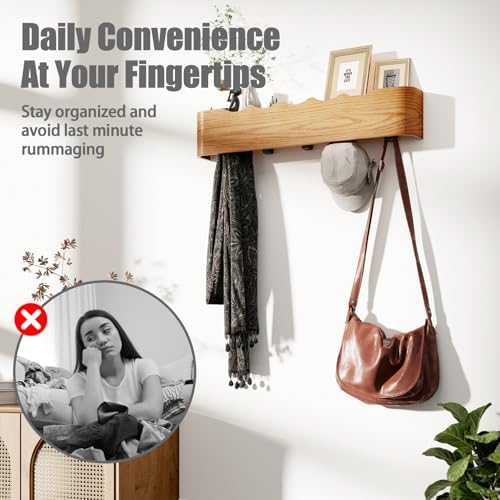 Coat Rack Wall Mount with Shelf 8 Hidden Hooks Modern Wooden Key Holder Entryway Organizer for Hallway Bedroom Bathroom Home Decor Storage for Hanging Coats Hats Bags Towels, Wave-Shape Oak - Image 5