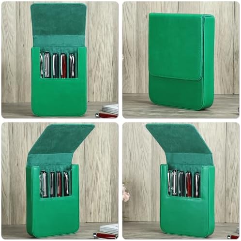 Top Grain Genuine Leather 6 Fountain Pen/Pencil Tray Case, Minimalist Fashion Design, Handmade, Magnetic Closure with Drawer Design, Gift Choice for Man/Woman/Office, Glossy Green, 6 Slots - Image 2