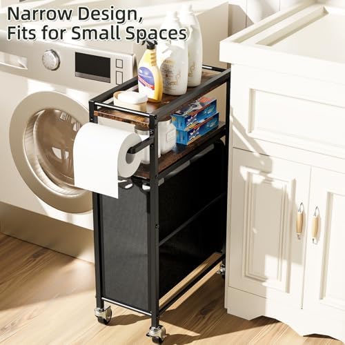 Toilet Paper Holder with Storage Bag & Wheels - Freestanding Bathroom Organizer Holds 9 Rolls for Small Spaces, Essentials Storage Beside Toilet-Brown - Image 4