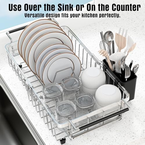 Expandable Dish Drying Rack in Sink,Stainless Steel Over The Sink Dish Drainer Drying Rack for Kitchen Counter,with Utensil Holder,Silver - Image 5