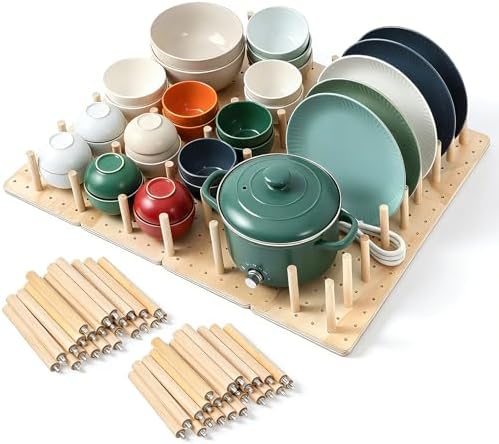 4 Pcs Pegboard Drawer Organizer with 48 Pegs, 20.98x5.91 Inch Wooden Peg Board Kitchen Plate Organizer for Drawer Pegboard Storage Rack with Adjustable Peg for Tableware, Plate, Bowl, Cookware by Unknown