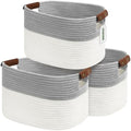 ECDYQXVU 15x10x9 Woven Cotton Rope Storage Basket, Leather Handles 3 Pack by ECDYQXVU